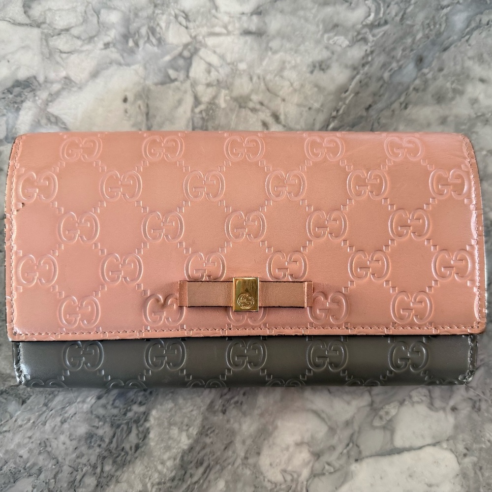 Authentic Pink & Grey Guccissima Bow Wallet — COA & Box included